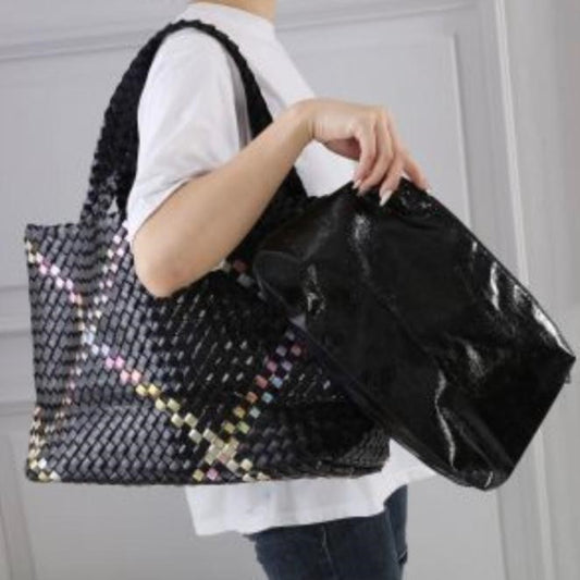 Large Weave Tote Bag in Black & Rainbow